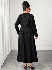 Elenzga Plus-Size Vintage-Style Elegant Long-Sleeved Button-Up Jacket And Skirt Set With Subtle Shimmer,Fall Clothes For Women,Women's Halloween Costume - Black - View 2
