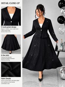 Elenzga Plus-Size Vintage-Style Elegant Long-Sleeved Button-Up Jacket And Skirt Set With Subtle Shimmer,Fall Clothes For Women,Women's Halloween Costume - Black - View 1