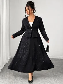 Elenzga Plus-Size Vintage-Style Elegant Long-Sleeved Button-Up Jacket And Skirt Set With Subtle Shimmer,Fall Clothes For Women,Women's Halloween Costume - Black - View 8
