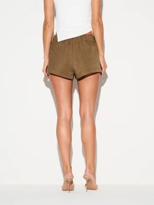 KIZN High Rise Linen Feel Mini Shorts With Elastic Waistband Cuffed Hem And Side Pockets Summer Holiday Casual Everyday Style - Brown - View 3
