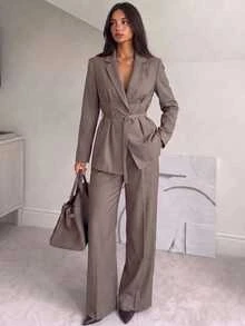 Aloruh Women's Fashion Casual Smart Business Professional Lapel Neck Suit Set Brown Elegant Work Commuting 2pcs Office Attire Summer Teachers' Day - Light Grey - View 2