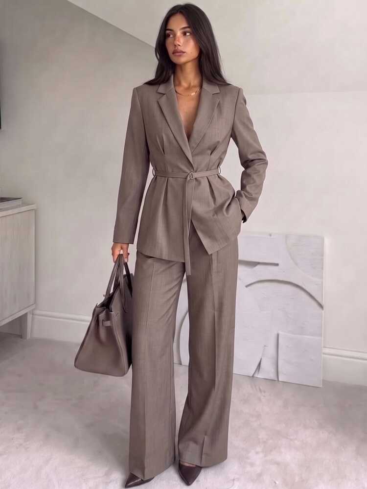 Aloruh Women's Fashion Casual Smart Business Professional Lapel Neck Suit Set Brown Elegant Work Commuting 2pcs Office Attire Summer Teachers' Day - Light Grey - View 3
