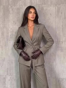 Aloruh Women's Fashion Casual Smart Business Professional Lapel Neck Suit Set Brown Elegant Work Commuting 2pcs Office Attire Summer Teachers' Day - Light Grey - View 4