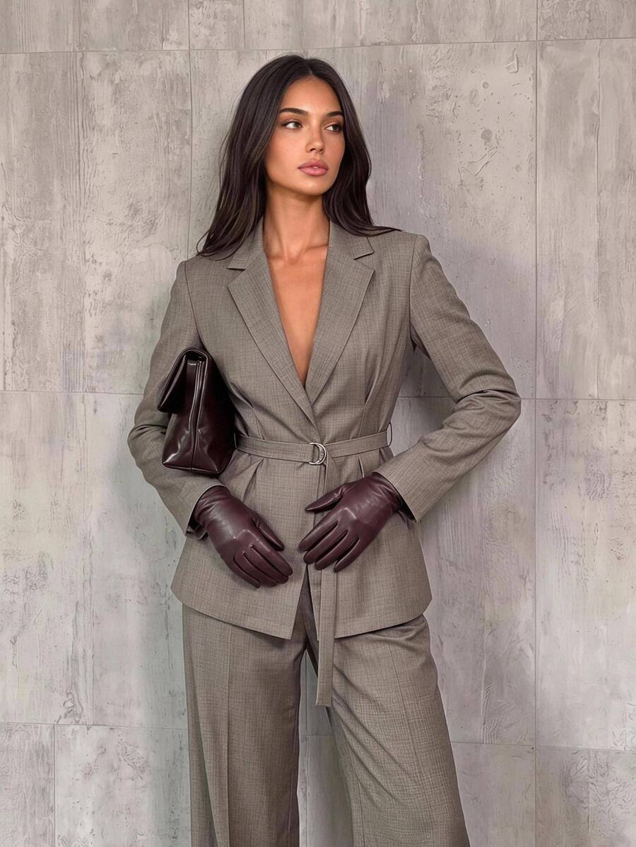 Aloruh Women's Fashion Casual Smart Business Professional Lapel Neck Suit Set Brown Elegant Work Commuting 2pcs Office Attire Summer Teachers' Day
