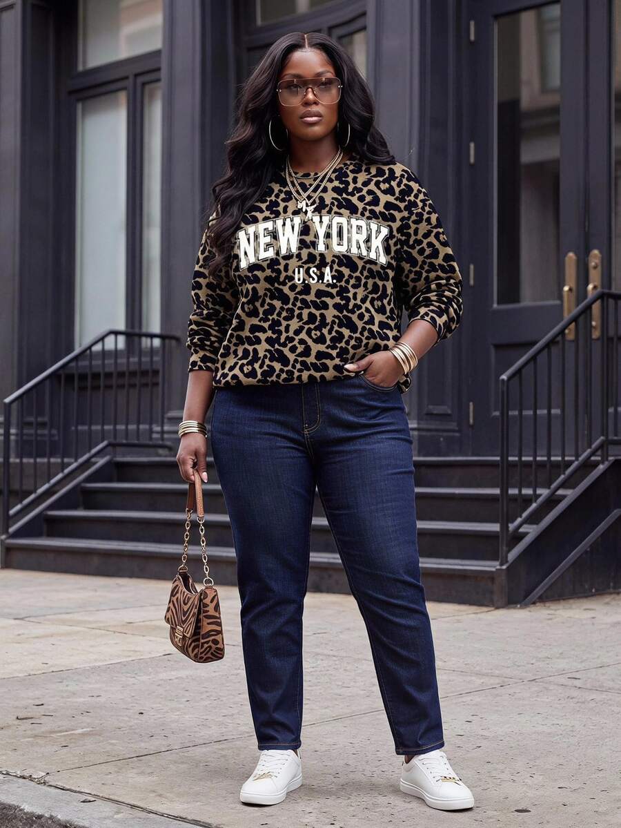 Slaydiva Casual Minimalist New York Letter & Leopard Print Plus Size Loose Shoulder Exposed Sweatshirt, Plus Size Autumn Winter Fall - Multicolor - View 1