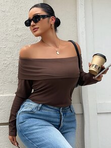 Dazy Plus Solid Color Casual Traditional Off-Shoulder Elegant Brown Long Sleeve Winter T-Shirt Brunch Formal - Brown - View 4