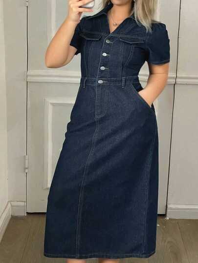 Dazy Plus Dark Wash Short Sleeve Fitted Maxi Denim Dress, Summer Denim Clothing