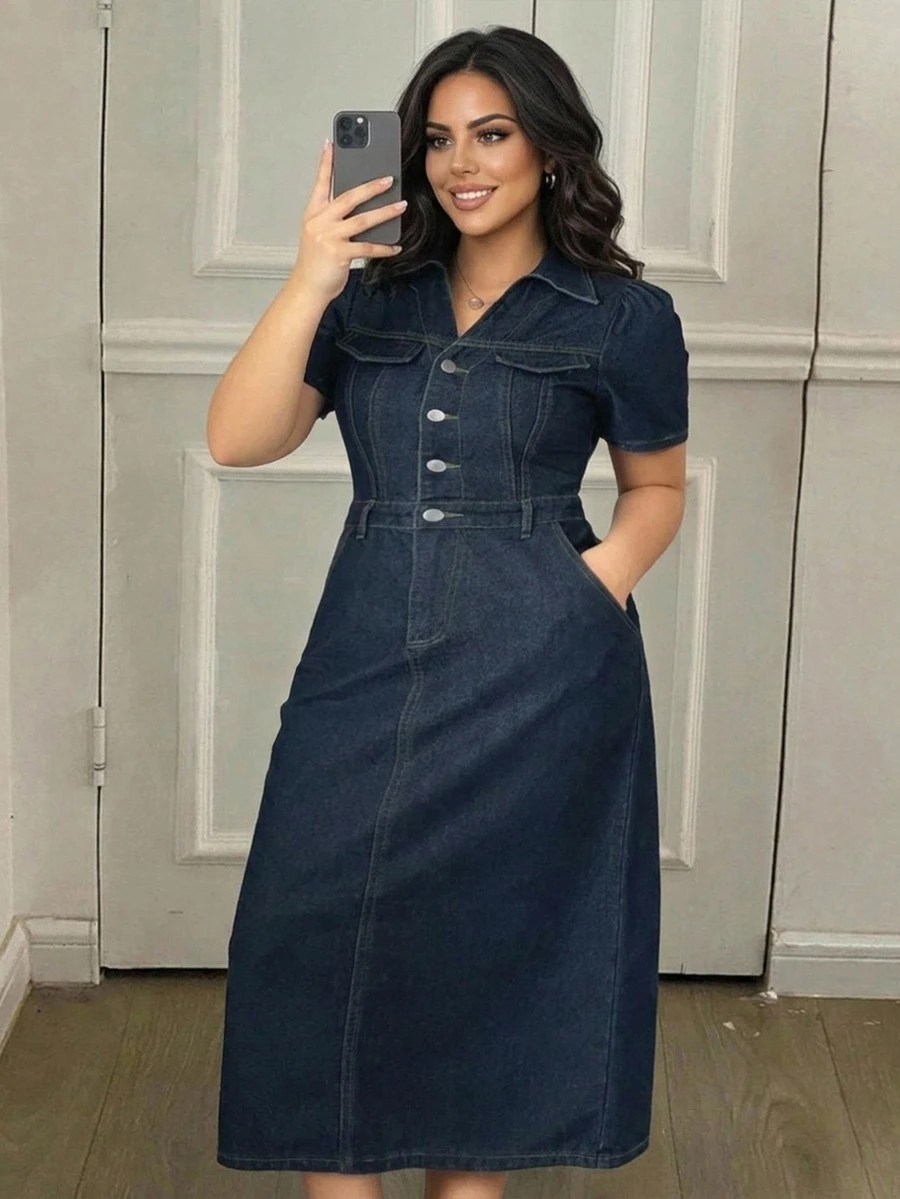 Dazy Plus Dark Wash Short Sleeve Fitted Maxi Denim Dress, Summer Denim Clothing - Dark Wash - View 1