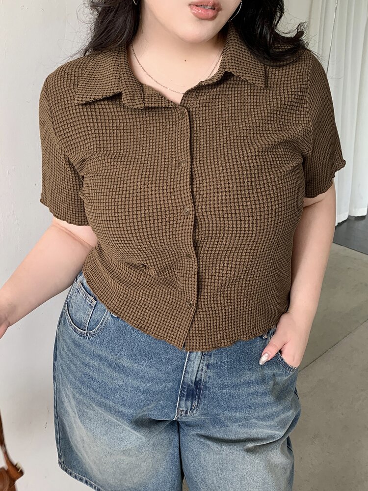 Dazy Plus Textured Fabric Fitted Polo Collar Short Sleeve T-Shirt, Spring/Summer - Mocha Brown - View 5
