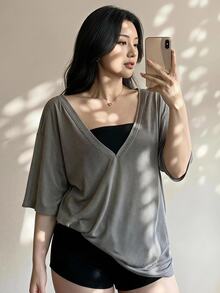 Dazy Plus Plus Size Deep V-Neck Loose Half Sleeve Shawl Style Summer T-Shirt Cover Ups For Swimwear - Grey - View 1