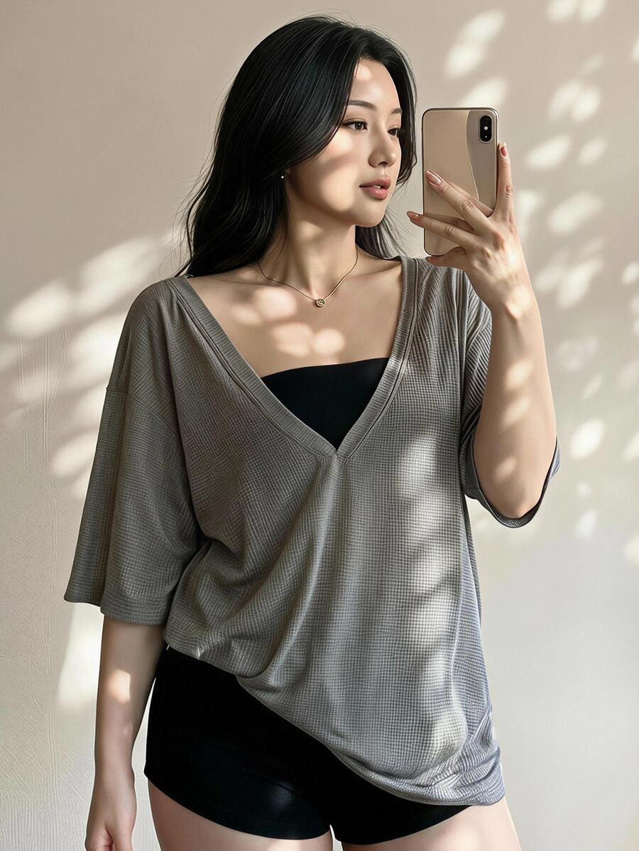 Dazy Plus Plus Size Deep V-Neck Loose Half Sleeve Shawl Style Summer T-Shirt Cover Ups For Swimwear - Grey - View 1