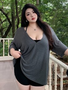 Dazy Plus Plus Size Deep V-Neck Loose Half Sleeve Shawl Style Summer T-Shirt Cover Ups For Swimwear - Grey - View 3