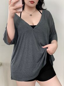 Dazy Plus Plus Size Deep V-Neck Loose Half Sleeve Shawl Style Summer T-Shirt Cover Ups For Swimwear - Grey - View 5