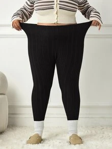 SHEIN CURVE+ 大尺碼女款休閒純色內搭褲，百搭簡約，適合工作/辦公室/健身房，秋冬保暖內搭褲 - 黑色 - 查看 9