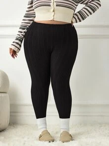 SHEIN CURVE+ 大尺碼女款休閒純色內搭褲，百搭簡約，適合工作/辦公室/健身房，秋冬保暖內搭褲 - 黑色 - 查看 8