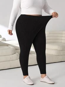 SHEIN CURVE+ 大尺碼女款休閒純色內搭褲，百搭簡約，適合工作/辦公室/健身房，秋冬保暖內搭褲 - 黑色 - 查看 4