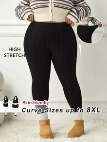 SHEIN CURVE+ 大尺碼女款休閒純色內搭褲，百搭簡約，適合工作/辦公室/健身房，秋冬保暖內搭褲 - 黑色 - 查看 7