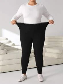 SHEIN CURVE+ 大尺碼女款休閒純色內搭褲，百搭簡約，適合工作/辦公室/健身房，秋冬保暖內搭褲 - 黑色 - 查看 5