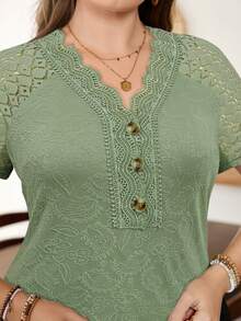 Lacomfia Plus Size Women Casual Lace Patchwork Knit T-Shirt, Spring/Summer - Limelight Green - View 4