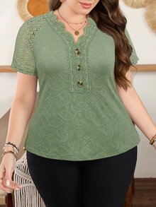Lacomfia Plus Size Women Casual Lace Patchwork Knit T-Shirt, Spring/Summer - Limelight Green - View 7