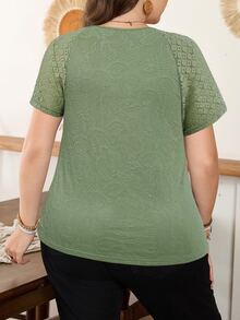 Lacomfia Plus Size Women Casual Lace Patchwork Knit T-Shirt, Spring/Summer - Limelight Green - View 3