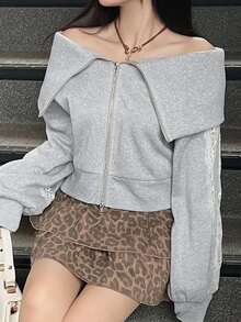 FRIFUL Women's Lace Patchwork Cold Shoulder Casual Elegant Y2k Daily Date Long Sleeve Sweatshirt Everyday School Light Grey Autumn Everyday School - Grey - View 7