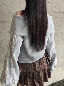 FRIFUL Women's Lace Patchwork Cold Shoulder Casual Elegant Y2k Daily Date Long Sleeve Sweatshirt Everyday School Light Grey Autumn Everyday School - Grey - View 4