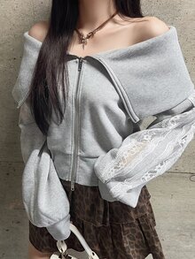 FRIFUL Women's Lace Patchwork Cold Shoulder Casual Elegant Y2k Daily Date Long Sleeve Sweatshirt Everyday School Light Grey Autumn Everyday School - Grey - View 6