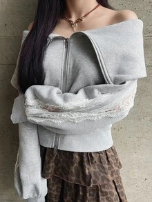 FRIFUL Women's Lace Patchwork Cold Shoulder Casual Elegant Y2k Daily Date Long Sleeve Sweatshirt Everyday School Light Grey Autumn Everyday School - Grey - View 5