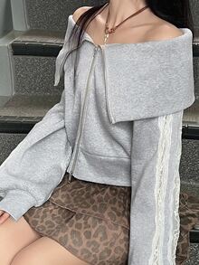 FRIFUL Women's Lace Patchwork Cold Shoulder Casual Elegant Y2k Daily Date Long Sleeve Sweatshirt Everyday School Light Grey Autumn Everyday School - Grey - View 9