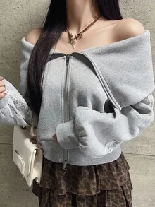 FRIFUL Women's Lace Patchwork Cold Shoulder Casual Elegant Y2k Daily Date Long Sleeve Sweatshirt Everyday School Light Grey Autumn Everyday School - Grey - View 8