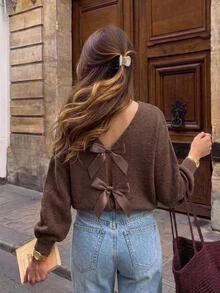 Serisse Women's Street Fashion Bow Back Decor Sweater - Brown - View 3