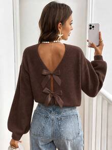 Serisse Women's Street Fashion Bow Back Decor Sweater - Brown - View 7
