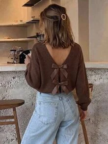 Serisse Women's Street Fashion Bow Back Decor Sweater - Brown - View 1