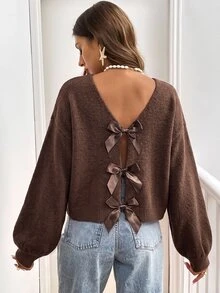 Serisse Women's Street Fashion Bow Back Decor Sweater - Brown - View 11