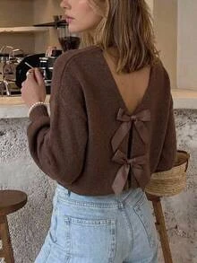 Serisse Women's Street Fashion Bow Back Decor Sweater - Brown - View 4