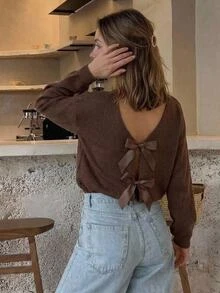 Serisse Women's Street Fashion Bow Back Decor Sweater - Brown - View 5
