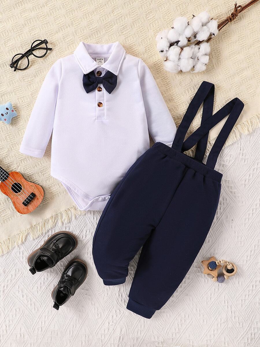Souflis Souflis 2pcs Baby Boy Retro Elegant Classy Preppy Gentleman Style Bib Overall And Pants Set, Autumn Wedding Family Matching Party All White Navy Blue