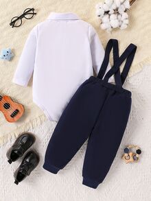 Souflis Souflis 2pcs Baby Boy Retro Elegant Classy Preppy Gentleman Style Bib Overall And Pants Set, Autumn Wedding Family Matching Party All White Navy Blue - Navy Blue - View 3