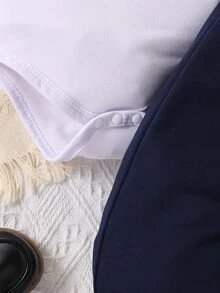 Souflis Souflis 2pcs Baby Boy Retro Elegant Classy Preppy Gentleman Style Bib Overall And Pants Set, Autumn Wedding Family Matching Party All White Navy Blue - Navy Blue - View 6