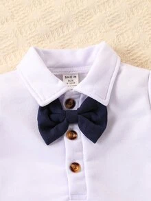 Souflis Souflis 2pcs Baby Boy Retro Elegant Classy Preppy Gentleman Style Bib Overall And Pants Set, Autumn Wedding Family Matching Party All White Navy Blue - Navy Blue - View 4