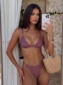 SHEIN Swim 2pcs/Set Bikini Thong Potongan Tinggi Samping Motif Bunga Kecil Berwarna-warni untuk Wanita, Pantai & Resor - MultiWarna - View 1