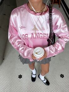 Muchica 女款拼色飾邊字母印花休閒時尚百搭長袖上衣 - 淺粉色 - 查看 7
