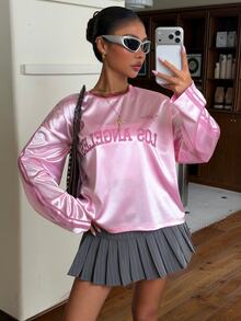 Muchica 女款拼色飾邊字母印花休閒時尚百搭長袖上衣 - 淺粉色 - 查看 3
