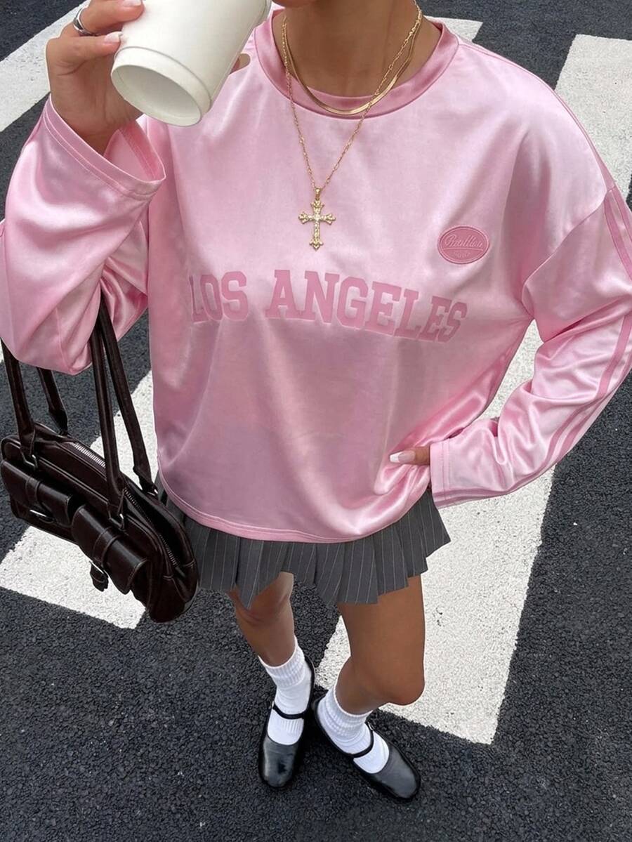 Muchica Women's Colorblock Trim Letter Print Casual Fashion Versatile Long Sleeve Top - Baby Pink - View 1