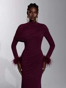 Elitara New Elegant Angora Red Mesh Long Sleeve Fluffy Ruched Fitted Bodycon Maxi Dress For Women, Wedding, Formal Occasions, Bridesmaid Dress - Burgundy - View 3