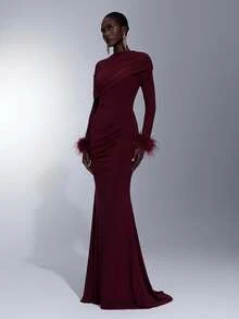 Elitara New Elegant Angora Red Mesh Long Sleeve Fluffy Ruched Fitted Bodycon Maxi Dress For Women, Wedding, Formal Occasions, Bridesmaid Dress - Burgundy - View 5