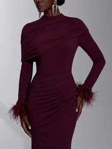 Elitara New Elegant Angora Red Mesh Long Sleeve Fluffy Ruched Fitted Bodycon Maxi Dress For Women, Wedding, Formal Occasions, Bridesmaid Dress - Burgundy - View 4