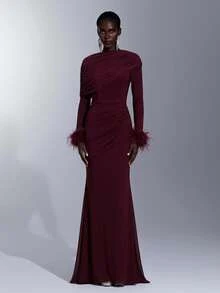 Elitara New Elegant Angora Red Mesh Long Sleeve Fluffy Ruched Fitted Bodycon Maxi Dress For Women, Wedding, Formal Occasions, Bridesmaid Dress - Burgundy - View 2