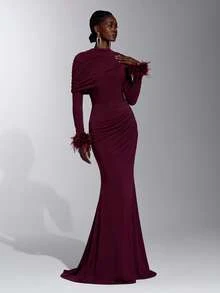 Elitara New Elegant Angora Red Mesh Long Sleeve Fluffy Ruched Fitted Bodycon Maxi Dress For Women, Wedding, Formal Occasions, Bridesmaid Dress - Burgundy - View 1